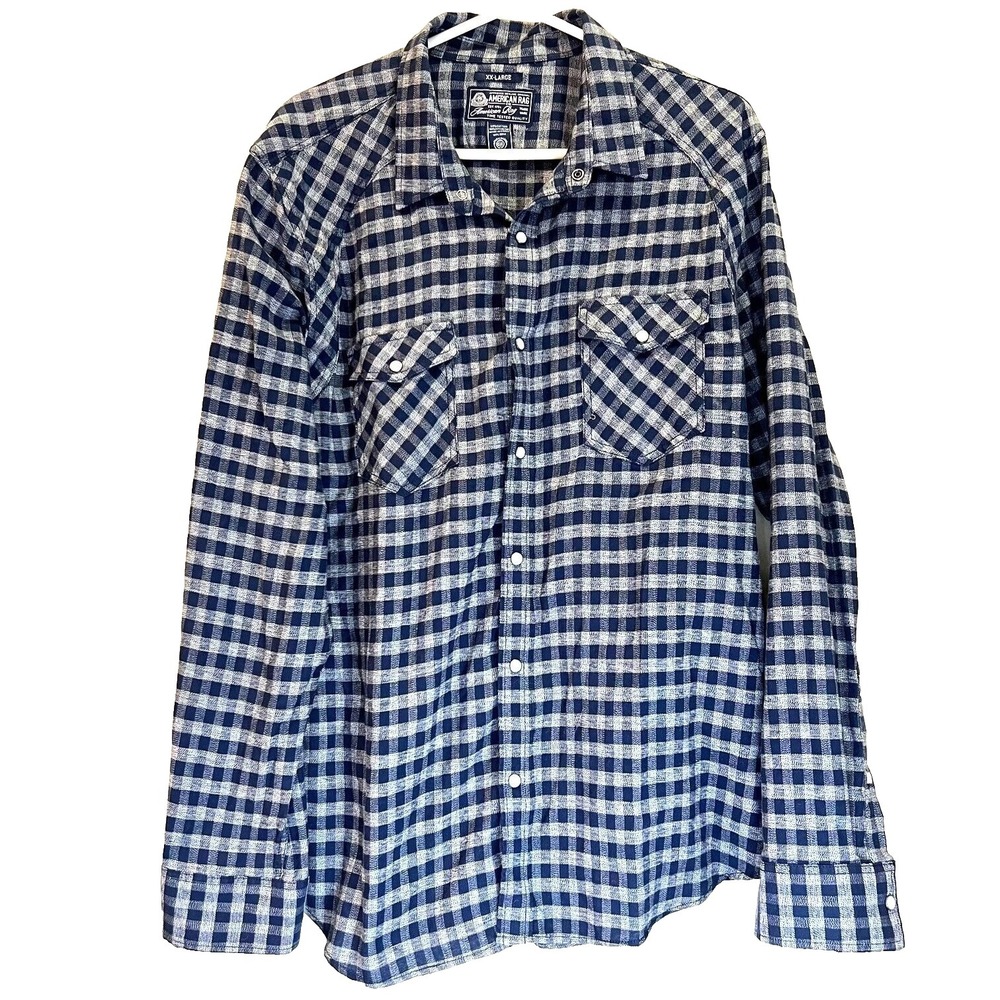 American Rag Pearl Snap Western Shirt Mens 2XL Blue Plaid Landman Cowboy Rancher